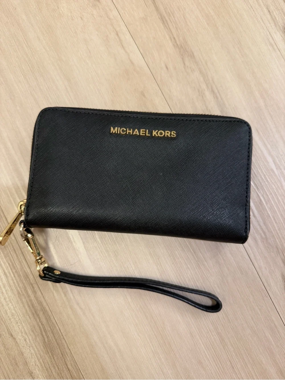 Michael Kors Black Saffiano Zip-Around Wristlet with Gold Logo
